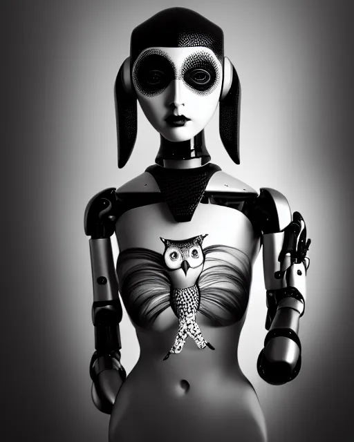 Image similar to surreal mythical dreamy dark artistic black and white fine art 3 / 4 fashion portrait photo of a young beautiful delicate female robot with orchid - owl face, rim light, cinematic, studio dramatic light, poetic, masterpiece, octane render, 8 k, photo - realistic by hg giger and man ray