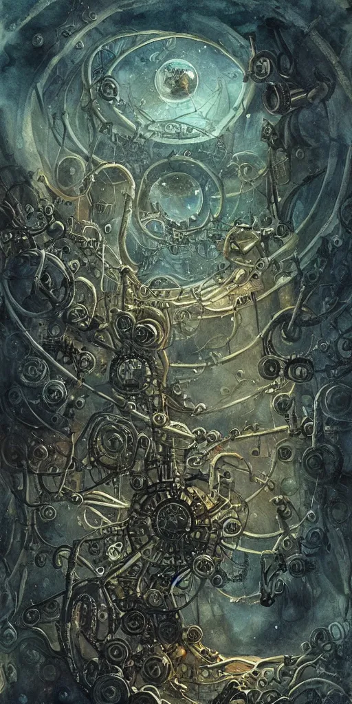 Image similar to a lovecraftian expressive water colour of a steampunk planet by josep tapiro baro in the style of romanticism art, dynamic lighting