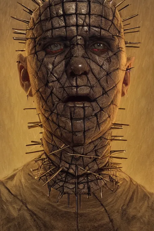 Image similar to realistic portrait beautiful detailed matte painting of cinematic movie scene hellraiser pinhead horror, created by gustave dore and greg rutkowski, high detailed, smooth draw, synthwave neon retro, intricate, realistic proportions, dramatic lighting, trending on artstation.