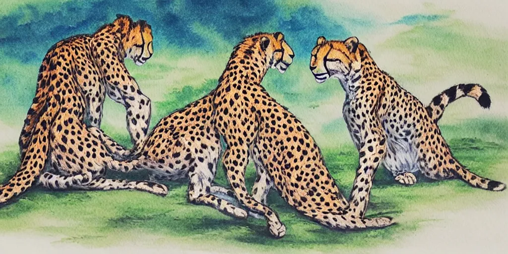 Prompt: “Oriental water color painting of cheetahs”