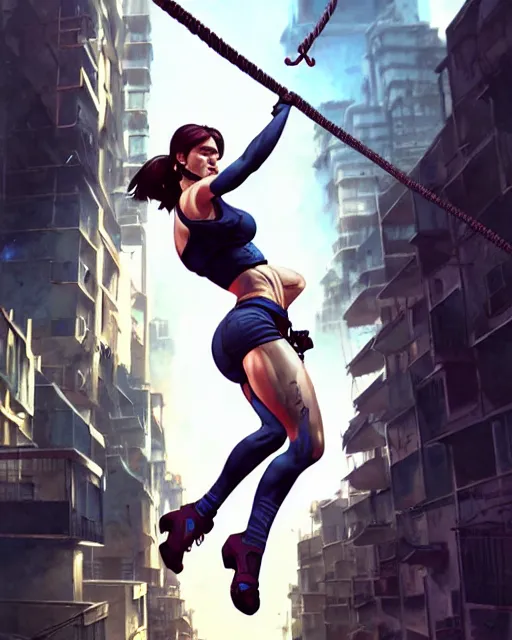 Image similar to gigachad jill valentine bodybuilder swinging from a building with a rope in racoon city, fantasy character portrait, ultra realistic, anime key visual, full body concept art, intricate details, highly detailed by greg rutkowski, ilya kuvshinov, gaston bussiere, craig mullins, simon bisley