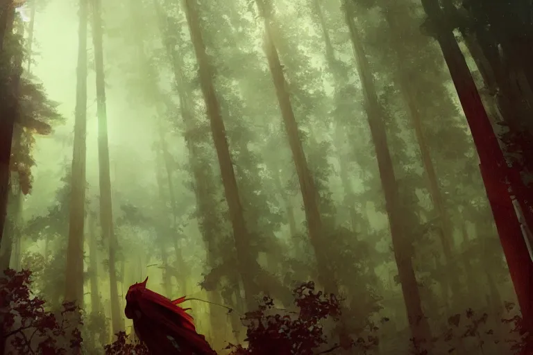 Prompt: huge red giant japanese fishes are flying betweeb the tall trees of a deep Bavarian forest at night. Looking up view, dramatic perspective.misty, mood. art by Greg Rutkowski and Craig Mullins and Alphonse Mucha and Moebius and Roger Deakins