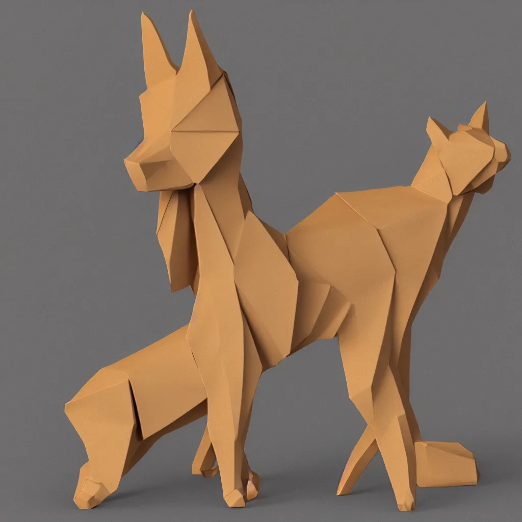 Image similar to 3 d rendering of japanese cardboard origami of simple shape of german shepherd, 2 d image, trending on artstation