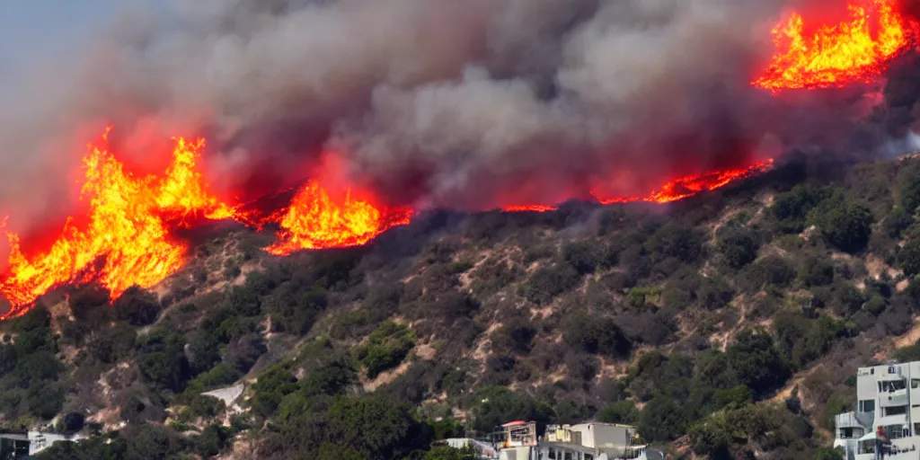 Image similar to hollywood hills on fire, logo on fire, landmark apocalypse