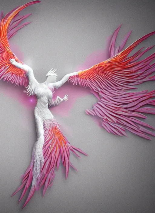 Image similar to white phoenix orange pink salt crystals sharp detail 3d render simple background sharp contrast feathers graphic design fai khadra gaika style