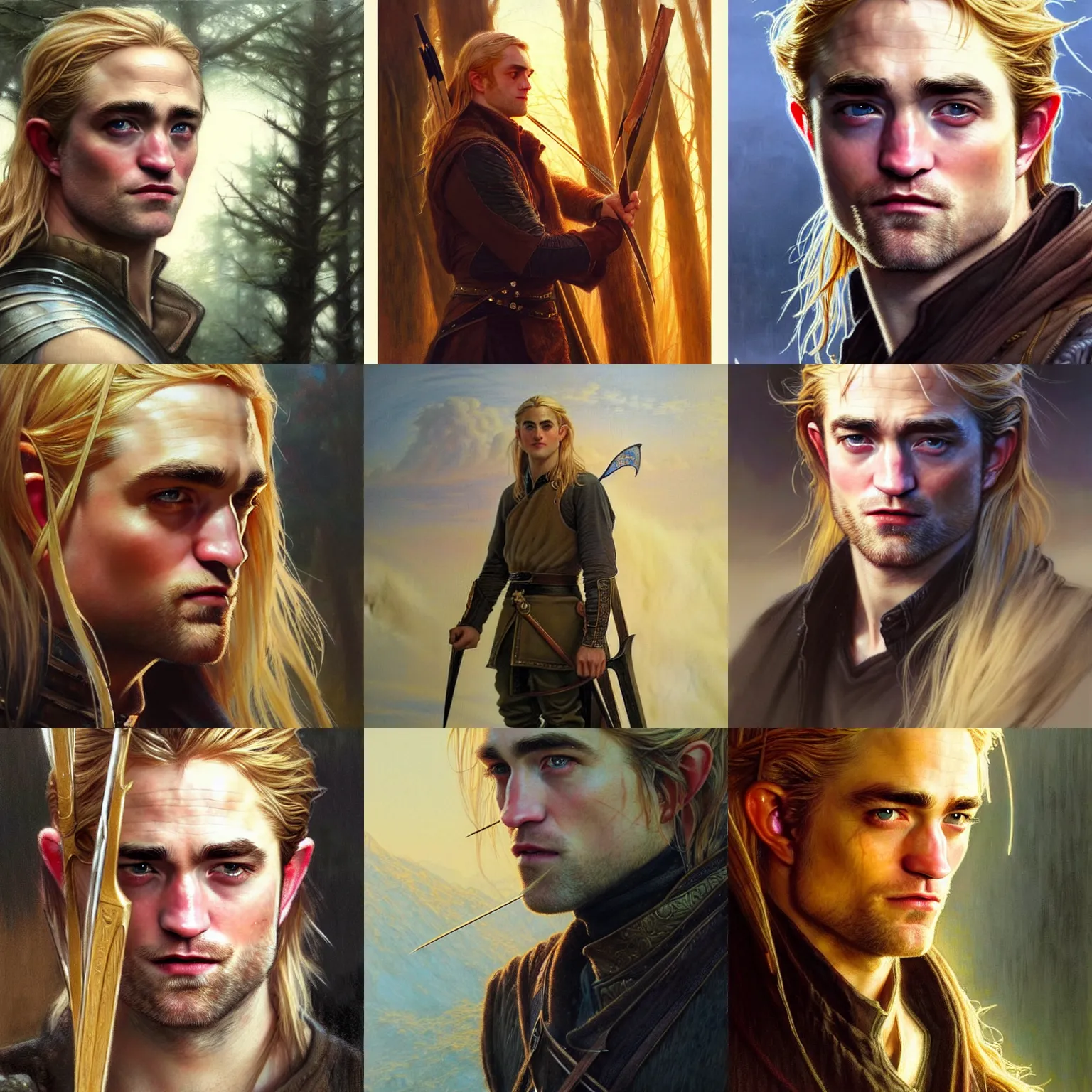 Prompt: (((((((Robert Pattinson))))))) as Legolas by Alan Lee, (golden hour), concept art, detailed clothing, art station, oil painting, art by artgerm and greg rutkowski and alphonse mucha