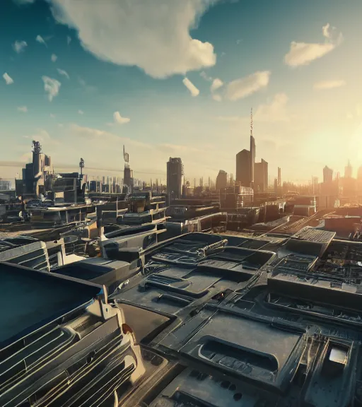 Prompt: sci - fi city rooftop view, blue sky, highly detailed, beautiful light and sunset, photorealistic, octane render