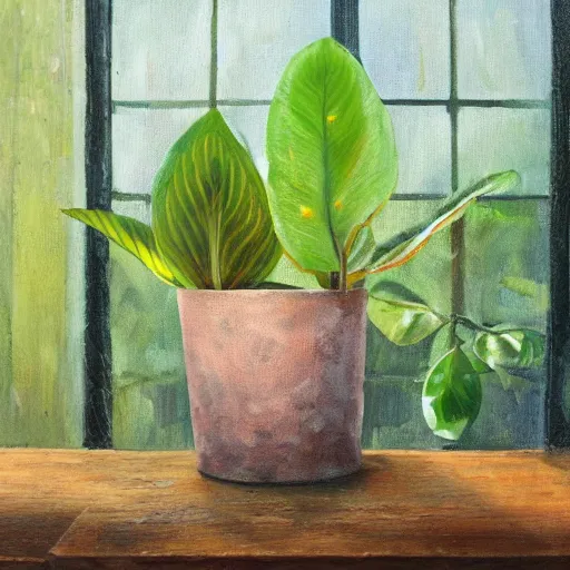 Prompt: leaves grow from a head in a pot, on wooden table in the ray of sunshine in greenhouse, oil painting, sharp focus, high detailed, calm, warm lighting, sparkles, by Rutkowsky,