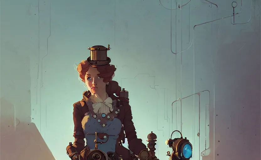 Image similar to portrait of female steampunk princess by atey ghailan, by greg rutkowski, by simon stalenhag, by greg tocchini, by james gilleard, by joe fenton, by kaethe butcher dynamic lighting, gradient light blue, brown, blonde cream and white color scheme, grunge aesthetic