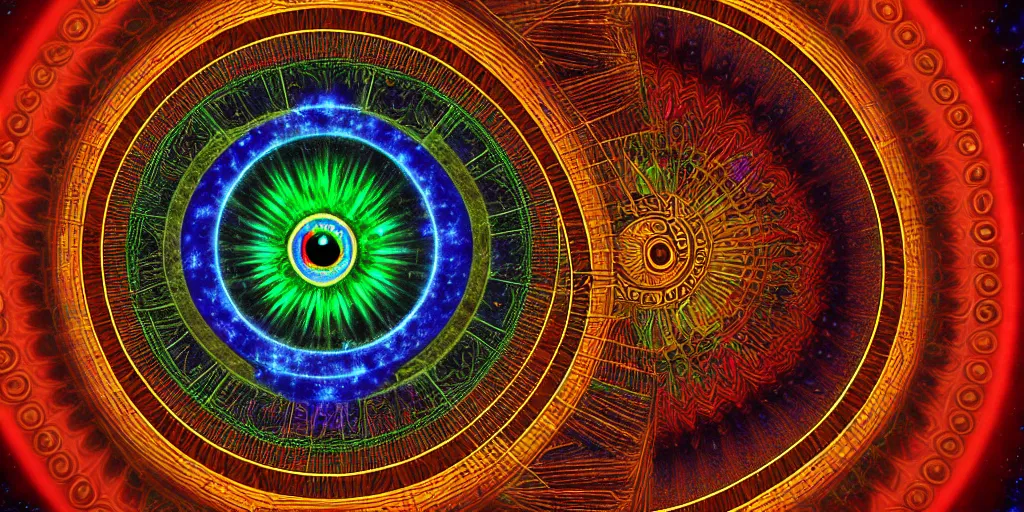 Image similar to dmt spirits, eye of horace, sacred non - euclidean space, time elves, psychedelic architecture, soul frequency, 8 k resolution, highly detailed,
