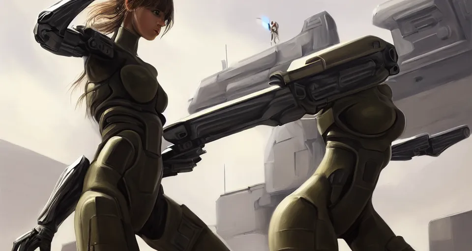 Prompt: a photorealistic painting of an attractive young girl, clothed in stealth-like battle armor, a giant sci-fi sniper rifle, olive skin, long dark hair, beautiful bone structure, symmetrical face, perfect eyes, a futuristic hover-tank in the background, intricate details, elegant, digital painting, illustration, sharp focus, minimal artifacts, from Metal Gear, in the style of Ruan Jia and Mandy Jurgens and Greg Rutkowski, trending on Artstation, award winning, unreal engine, octane render