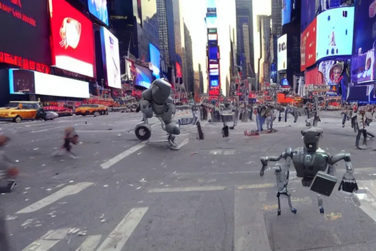 Prompt: robots attacking people in times square security camera footage