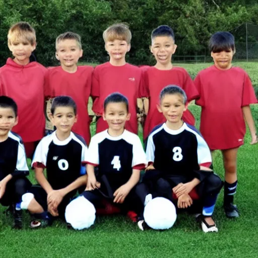 Image similar to a kids soccer team photo where one of the kids is a chimpanzee