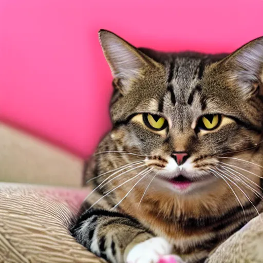 Image similar to a anthropomorphic cat with pink fur sitting on a couch