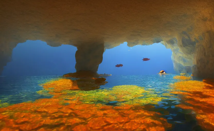 Prompt: a cave lake with some orange fish swimming inside, studio ghibli, pixar style, octane render, unreal engine 5, path traced, highly detailed, high quality, 8 k, soft lighting, godrays, complementary colors, natural lighting, water parallax, serene landscape, beautiful, elegant, digital painting