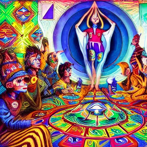 Image similar to A psychedelic DMT Jester standing on a deck of cards is surrounded by DMT-Elves and Bright DMT Magic