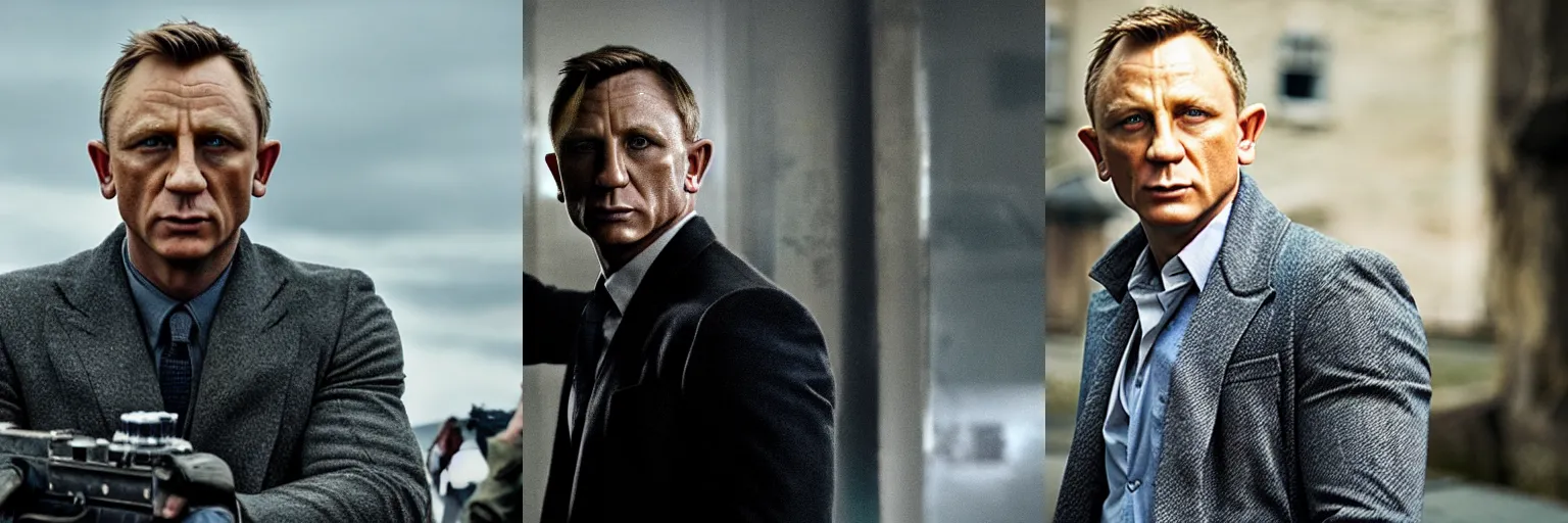 Prompt: close-up of Daniel Craig as a detective in a movie directed by Christopher Nolan, movie still frame, promotional image, imax 70 mm footage