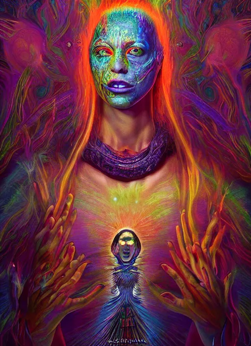 Image similar to portrait ultra dimensional cult girl shaman, accidentally tripping on dmt salvia, psychedelic experience, overwhelming psychosis of self realization and burning awakening, ultra high definition, unreal engine 5, hyperrealism, masterpiece composition, by peter kemp, casey weldon, barclay shaw