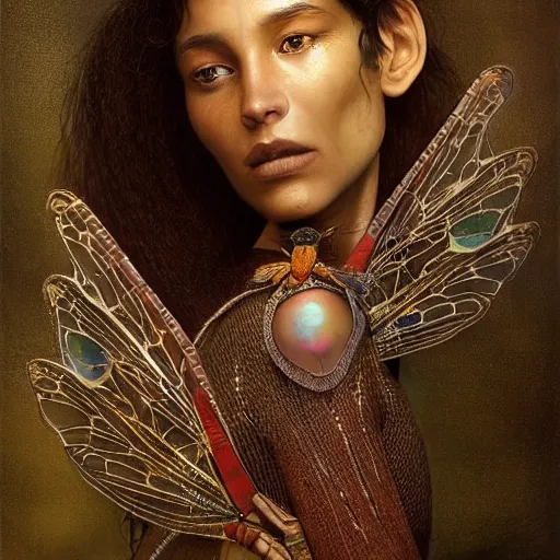 Prompt: brown woman wearing a dragonfly armor. iridiscent. extremely photorealistic. super detailed. layered. textured. award winning. dispersion of light. refracted lighting. soft. fragile. by ray caesar. by louise dahl - wolfe. by andrea kowch. by tom bagshaw. surreal photoraphy