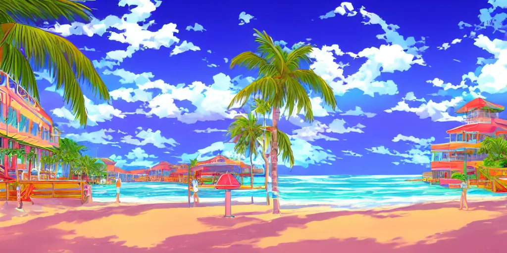 Prompt: anime beach resort background, award - winning digital art