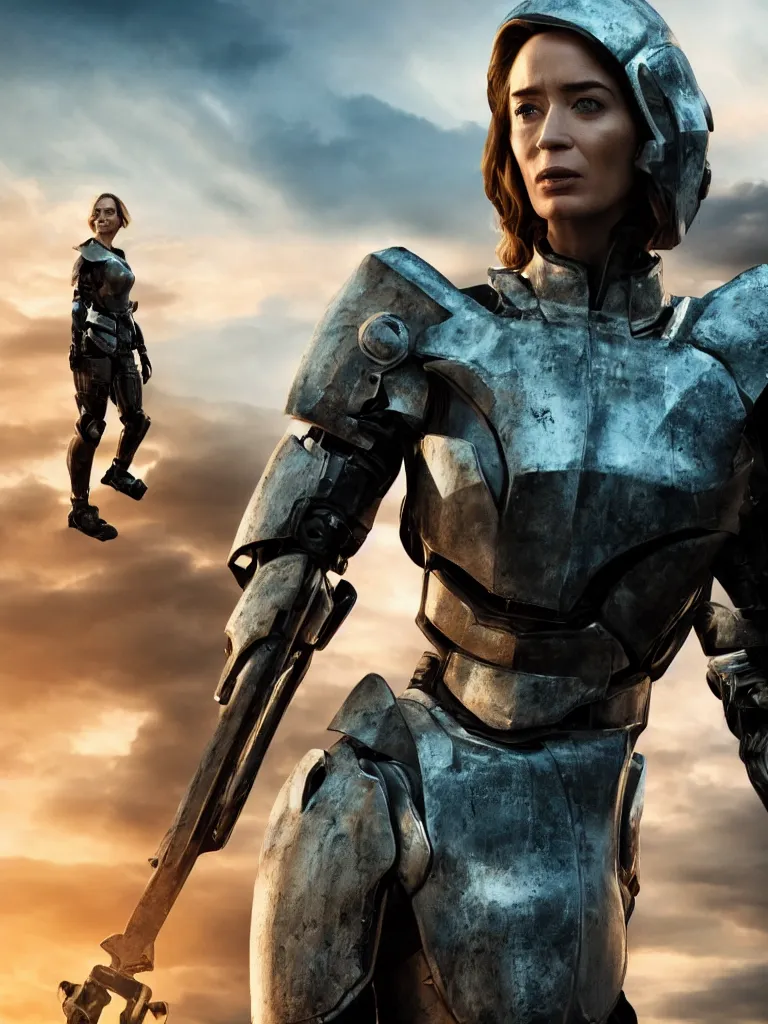 Image similar to emily blunt in futuristic power armor, close up portrait, solitary figure standing atop a pile of rubble, holding a sword on her shoulder, sunset and big clouds behind her