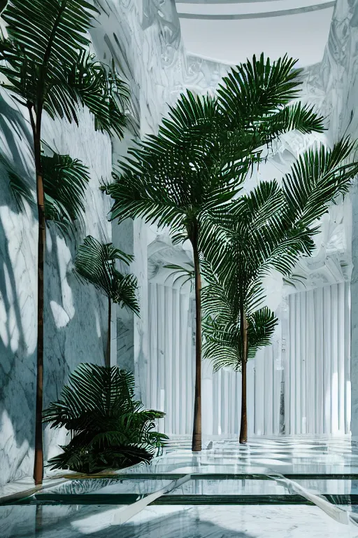 Prompt: detailed interior of a vaporwave pool, white marble walls, palm vegetation, light shafts, stunning atmosphere, cinematic lighting, smooth, sharp focus, high detail, cinematic feel