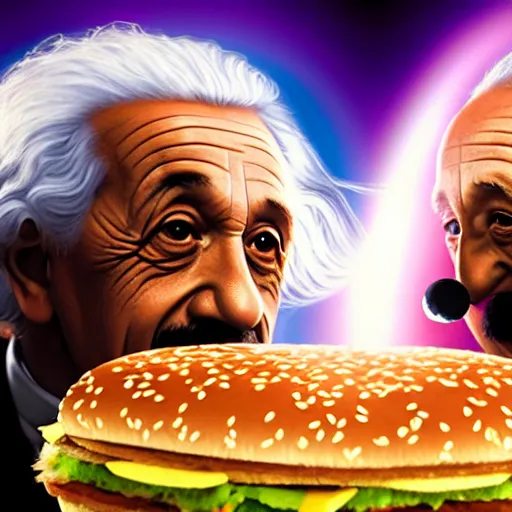 Prompt: Albert Einstein and Salvador Dali eating a Big Mac in front of a black hole, beautiful lighting,digital art , highly detailed , high contrast, beautiful lighting, award winning , trending on art station, 8k, photorealistic,unreal engine 5