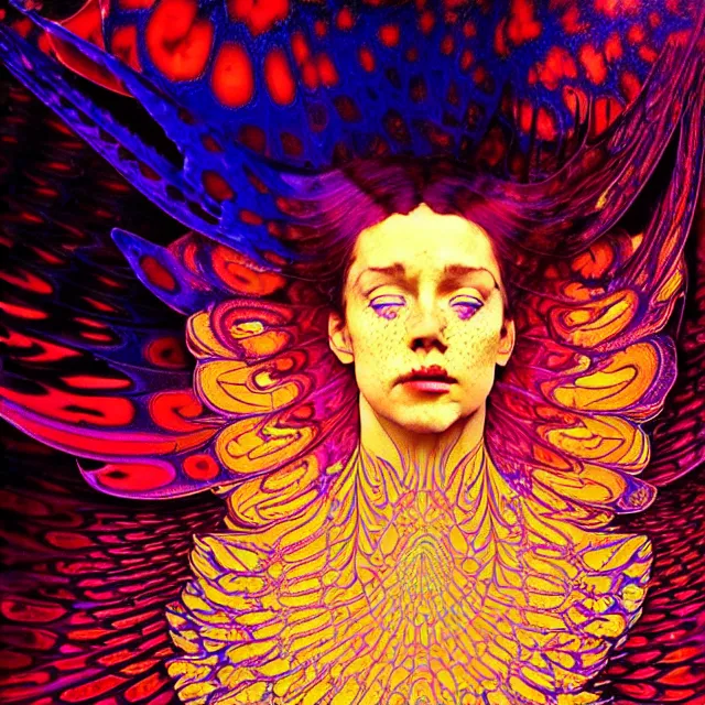 Prompt: psychedelic transcendent freckled sunburnt face mind bending psychedelic wings of glossy liquid honey flowing like kaleidoscopic translucent indigo, lsd feathers, honey wind, enlightenment, high contrast dappled lighting, refracted sunset, highly detailed, concept art, art by collier, albert aublet, krenz cushart, artem demura, alphonse mucha