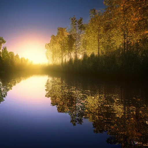 Image similar to river in a forest, golden hour, ray tracing reflection, 8k, hyper realistic