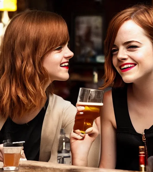 Prompt: Emma Watson and Emma stone are smoking cigarette and drinking beer in local bar photo cinematic portrait hd