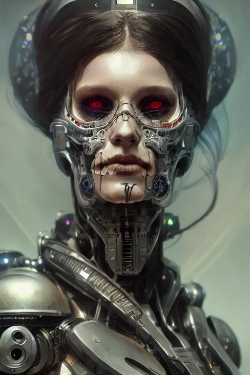 Prompt: portrait of ultra detailed female cyborg, scifi, fantasy, octane render, dia de los muertos, intricate concept art, art by michael welan and dzo and greg rutkowski and alphonse mucha and loish and wlop