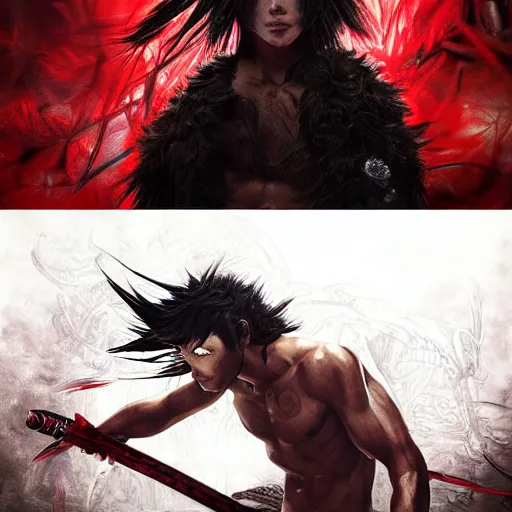 Image similar to mazoku warrior, handsome japanese demon boy, young adult mazoku man with long wild spiky black hair, vantablack clothes, red eyes, ultra realistic, intricate details, eerie, highly detailed, photorealistic, octane render, 8 k, art by artgerm, greg rutkowski, charlie bowater, magali villeneuve, alphonse mucha