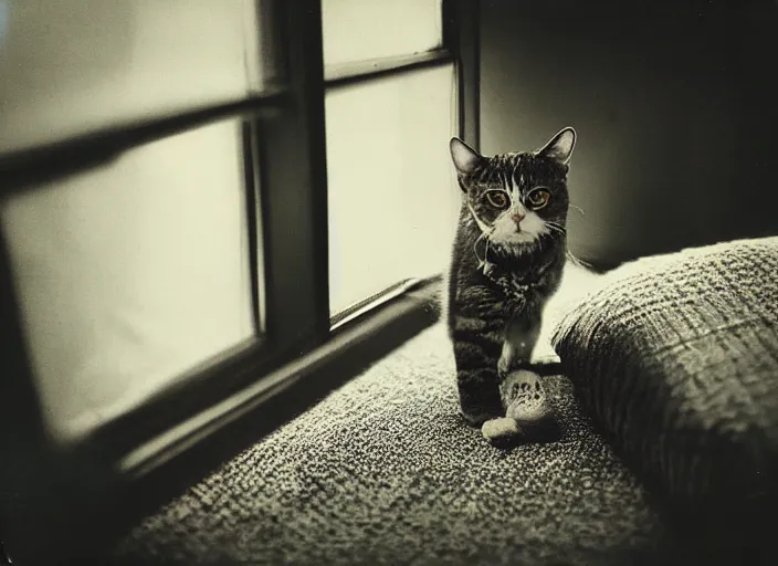 Image similar to photography polaroid of a Jack Cat . watching outside the window. on a bed. in a 70's room full of vinyls and posters, photorealistic, award winning photo, 100mm, sharp, high res