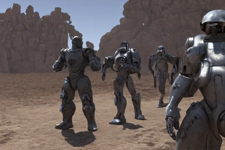 Prompt: a brotherhood of steel fighter in power armor in the desert near a closed hangar, small ripples in the air from the heat, glare from the sun on metal surfaces, realistic proportions, unreal engine style