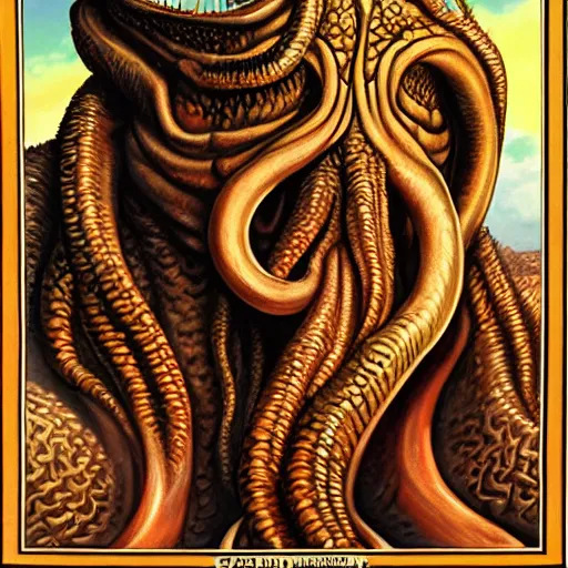 Image similar to ultra - realistic portrait painting of cthulhu. art by larry elmore. 4 k. ultra - realistic. highly detailed. epic lighting