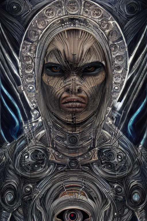 Prompt: the eye of the universe, illuminati as a person in the style of h. r. giger, goddess warrior, visionary art, cinematic lighting, realism, sharp details, cinematic, highly detailed, high quality print, fine art with subtle redshift rendering