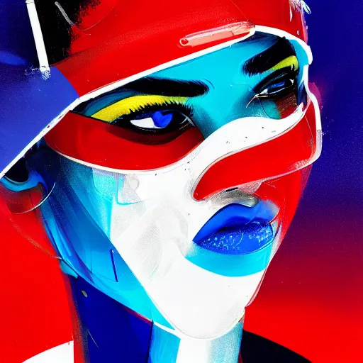 Prompt: close up portrait Zendaya as a futuristic ice hockey player, blue red and white, painted by Conrad Roset, detailed brushstrokes