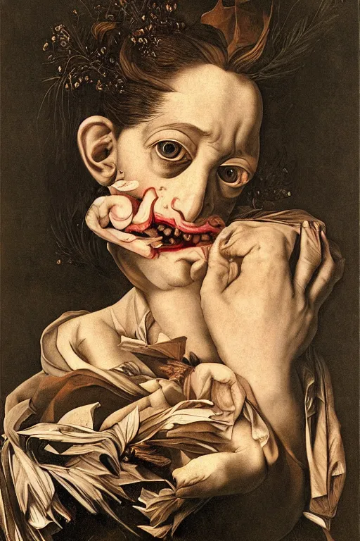 Prompt: Detailed maximalist portrait with large lips and with large eyes, sad exasperated expression, botany, extra hands limbs, HD mixed media, 3D collage, highly detailed and intricate illustration in the style of Caravaggio, dark art, baroque