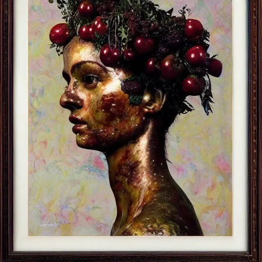 Image similar to a sculpture portrait made of candys and strawberries and melted chocolate and plants, painting part by wojciech siudmak, part by ilya repin, part by max ernst, part by norman rockwell, artstation