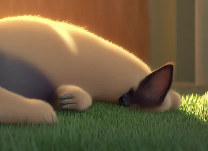 Image similar to a wholesome animation key shot of a siamese cat sleeping, close up, studio ghibli, pixar and disney animation, sharp, rendered in unreal engine 5, clear sky, anime key art by greg rutkowski, bloom, dramatic lighting