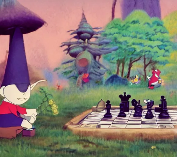 Image similar to two gnomes playing chess in a forest, cute, colourful, detailed, high quality, pastel colours, brushed, 4 k, by studio disney and studio ghibli and maurice sendak and richard scarry