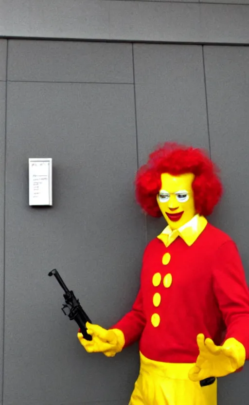 Image similar to photo of ronald mcdonald robbing a bank with a gun. security footage. award winning. very high quality. hq. hd.