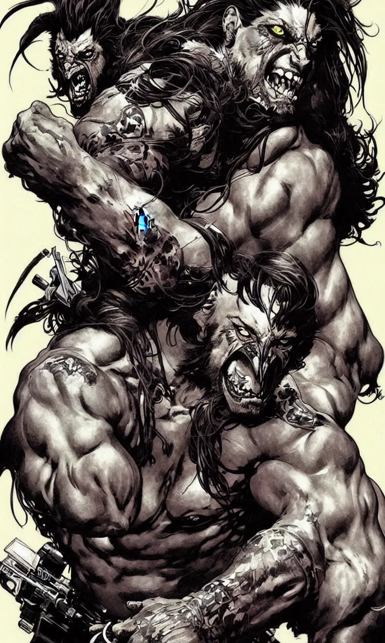 Image similar to lobo by simon bisley, photoshop, art by artgerm and greg rutkowski and alphonse mucha