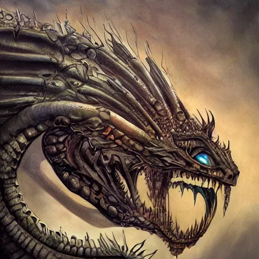 Image similar to Giger portrait of queen dragon, Dragon in dragon lair, HD, full body dragon concept, flying dragon, soft shading, soft colors, relaxed colors, hyperdetailed, wide angle lens, fantasy, futuristic horror, style of giger