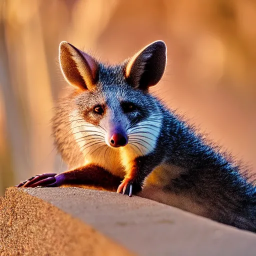 Image similar to a low angle photo of a possum fox hybrid, at the golden hour, sunset, sunrise, warm lighting, strongshadows, photo by slim aarons, award winning, 4 k, from below, worms - eye - view, low angle