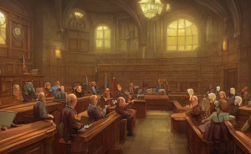 Image similar to the courtroom, in the center is a bald man in a skirt, no blur, 4 k resolution, ultra detailed, style of marc simonetti, tyler edlin, deviantart