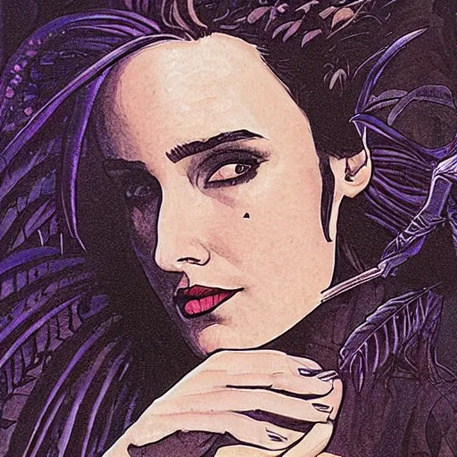 Prompt: young jennifer connelly as odile, gothic dark fae disney villain with black feathers instead of hair, girlboss, dominant, zero g, reading a book, feathers growing out of skin, pulp sci fi, mike mignola, david mack, romantic, comic book cover, vivid, beautiful, illustration, highly detailed, oil painting