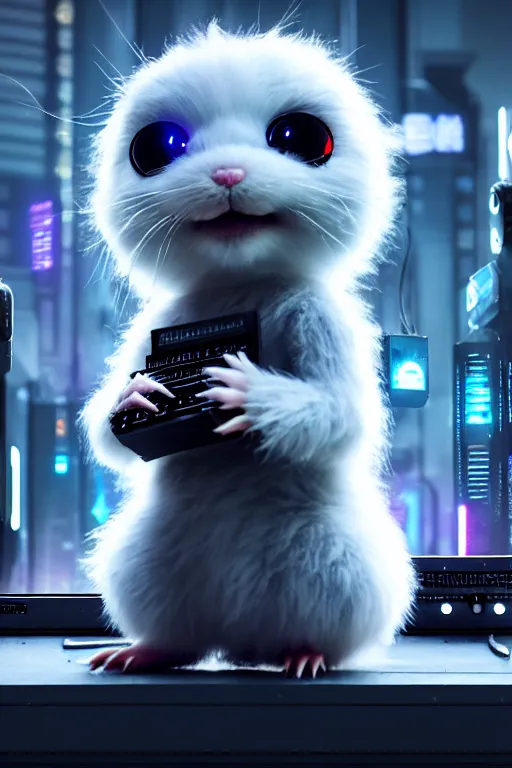 Prompt: high quality 3 d render very cute fluffy cyborg!! rat plays synthesizer, cyberpunk highly detailed, unreal engine cinematic smooth, in the style of blade runner & detective pikachu, hannah yata charlie immer, moody light, low angle, uhd 8 k, sharp focus