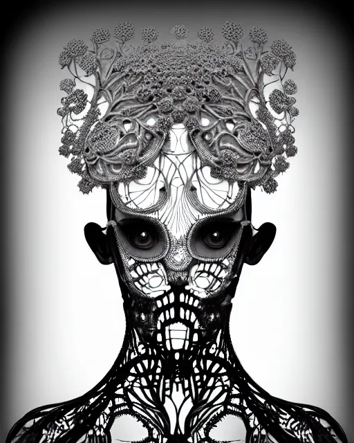 Image similar to surreal black and white photo portrait of complex bio-mechanical beautiful young female vegetal-cyborg with a Mandelbrot fractal metal fine lace face, silver hair, 150 mm lens, soft rim light, fine metal floral foliage super big lace collar by Alexander McQueen, high fashion, haute couture, rococo, steampunk, silver filigree details, anatomical, facial muscles, cable wires, microchip, elegant, hyper realistic, octane render, unreal engine, in the style Dora Maar, volumetric lighting, 8k,