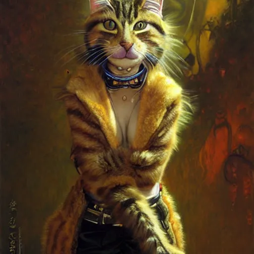 Image similar to portrait of a furry fluffy female tabby cat in a business suit. shadowrun cyberpunk furaffiniy fantasy highly detailed painting by gaston bussiere craig mullins jc leyendecker gustav klimt artgerm greg rutkowski john berkey, bergey, craig mullins, ruan jia, raymond swanland, jeremy mann, tom lovell, alex malveda